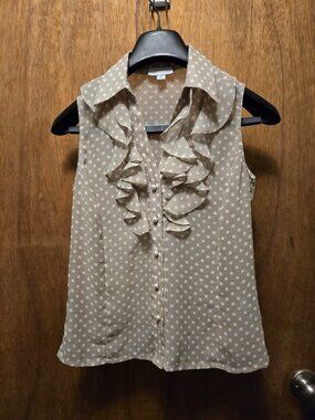 Tahari Tan with White Poca Dots Tank Top Blouse Size XS
